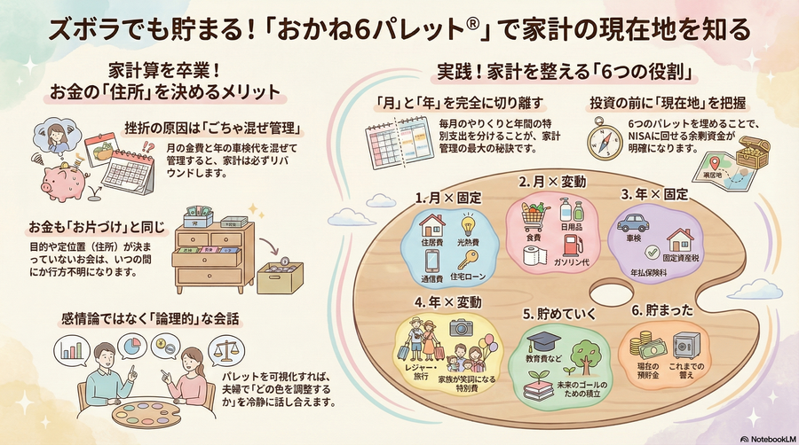 第4章：【STEP③】ズボラでも続く、家計管理をスタート！
『おかね6パレット®』で現在地を知る
