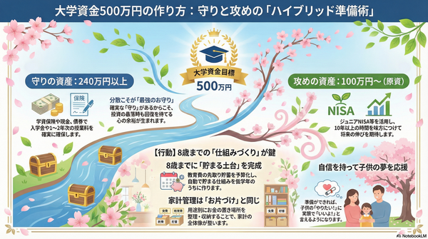【教育費：大学編】新NISAだけで大丈夫？
新井家が実践する「学資保険×投資＋○○」のハイブリッドな準備方法まとめ