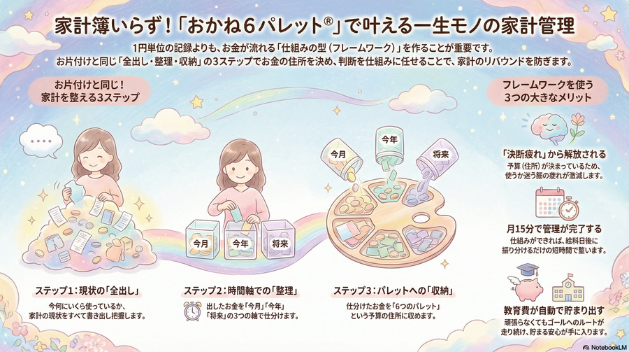 家計簿を頑張る・無理な節約はもう卒業！
【家計が良くなるフレームワーク】おかね６パレット🄬の必要性