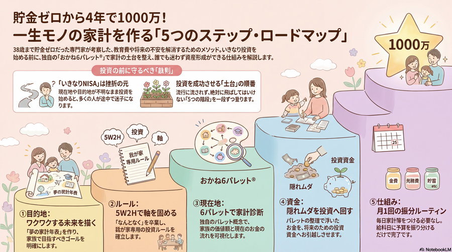 【目次公開】貯金ゼロから4年で1000万貯めた
「5つのステップ・ロードマップ」の全貌