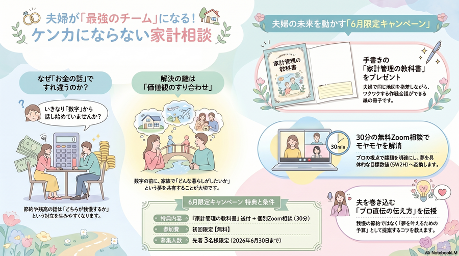 夫とお金の話、ケンカにならずにできていますか？
【限定3名】実物テキスト『家計管理の教科書』無料プレゼント付き🎁30分Zoom相談