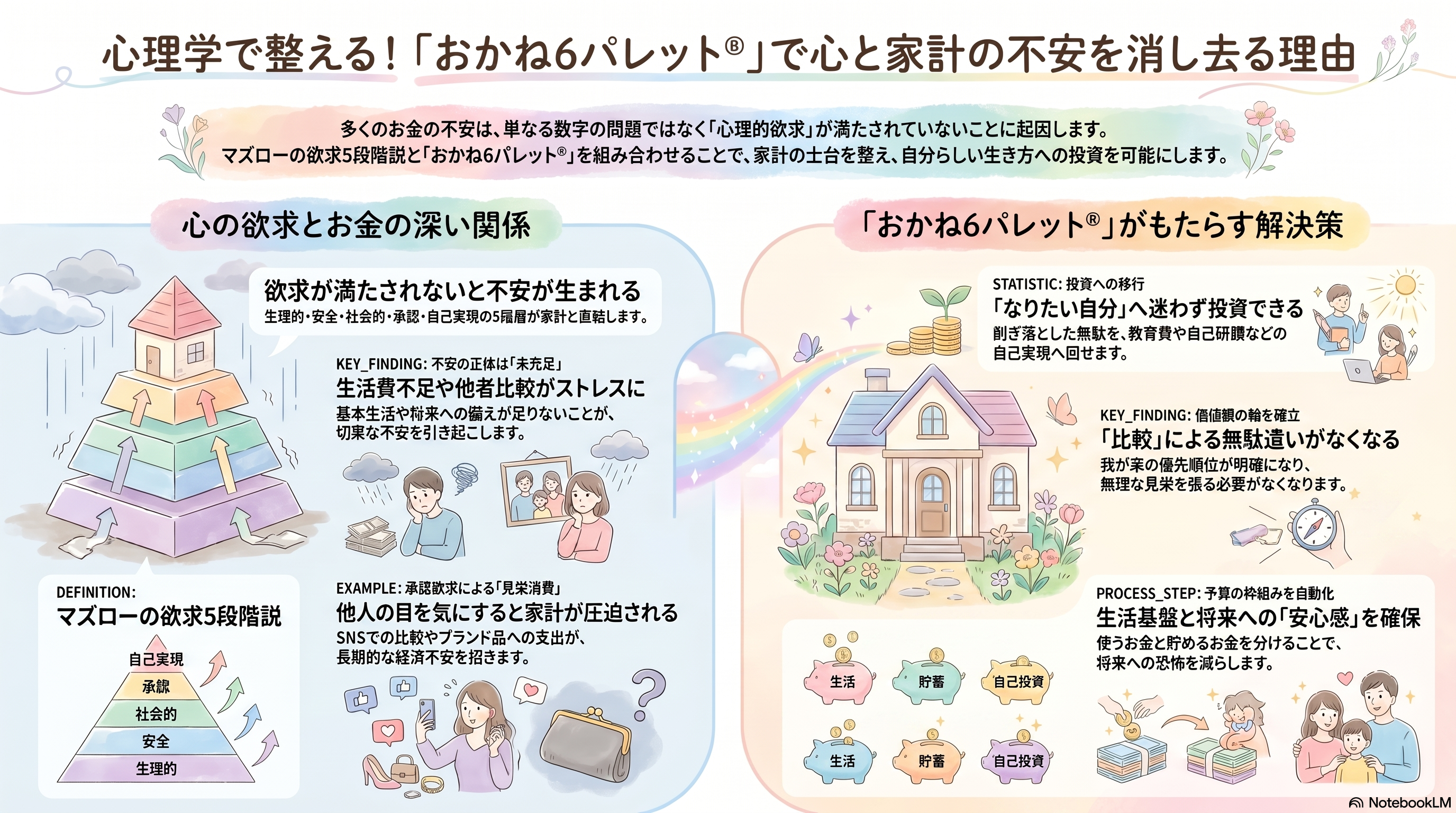 心理学「マズローの欲求5段階説」でひも解く！
『おかね6パレット®︎』が心と家計の不安を消し去る理由